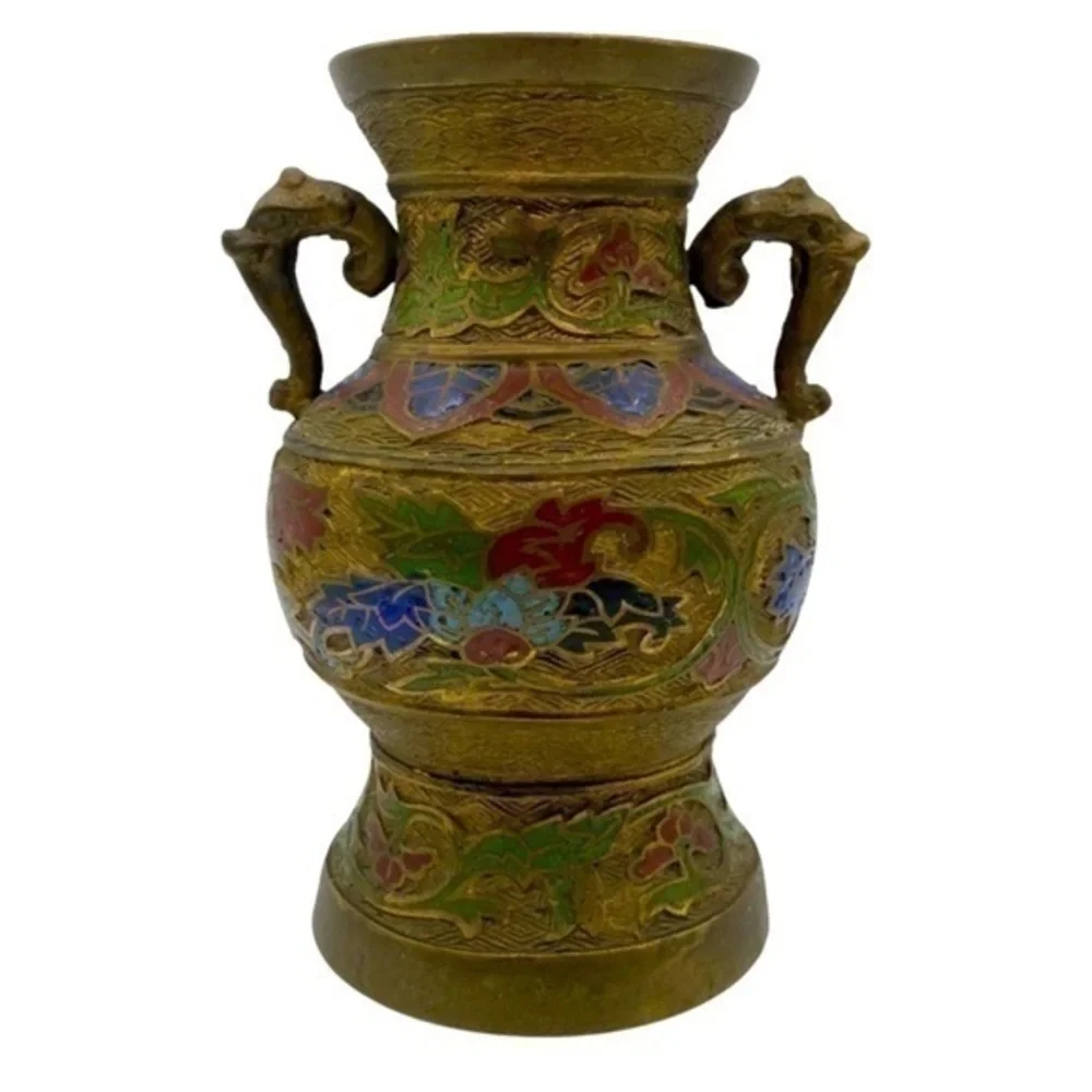 Vintage Japanese Cloisonné Floral Brass Vase With Elephant Handles